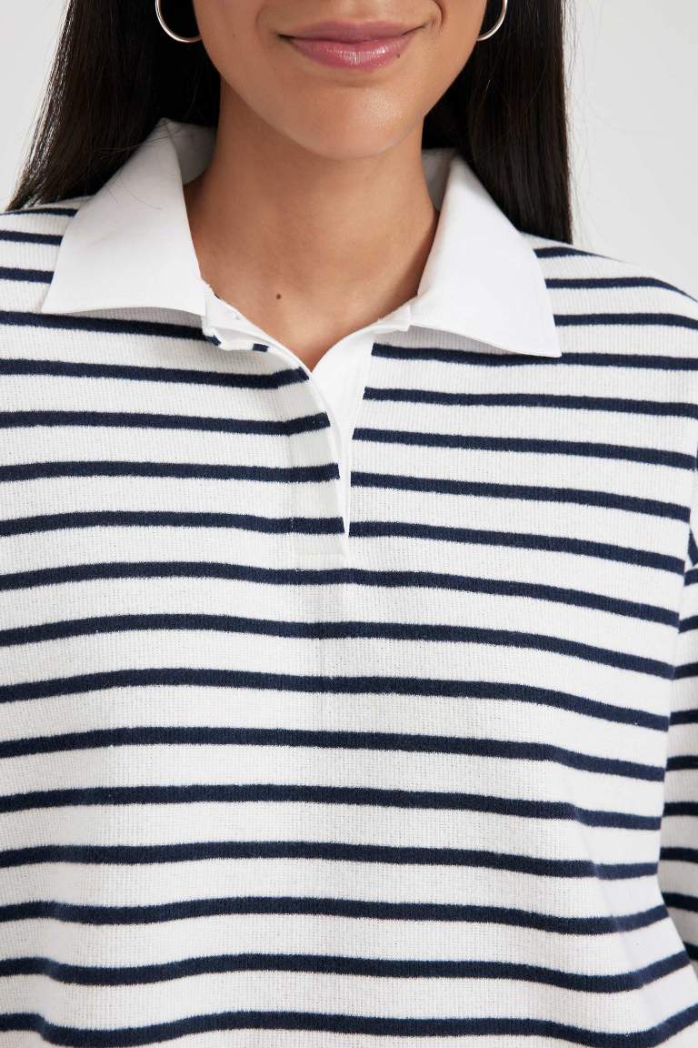 Regular Fit Çizgili Polo Yaka Sweatshirt
