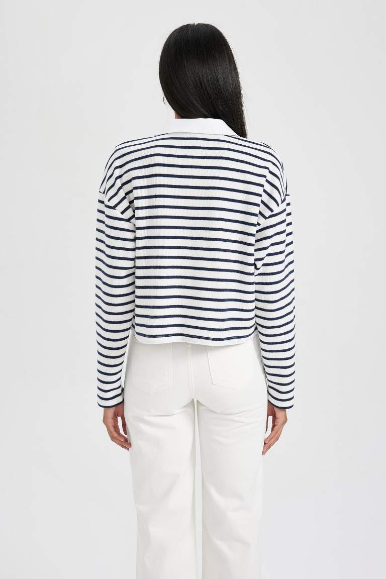 Regular Fit Çizgili Polo Yaka Sweatshirt