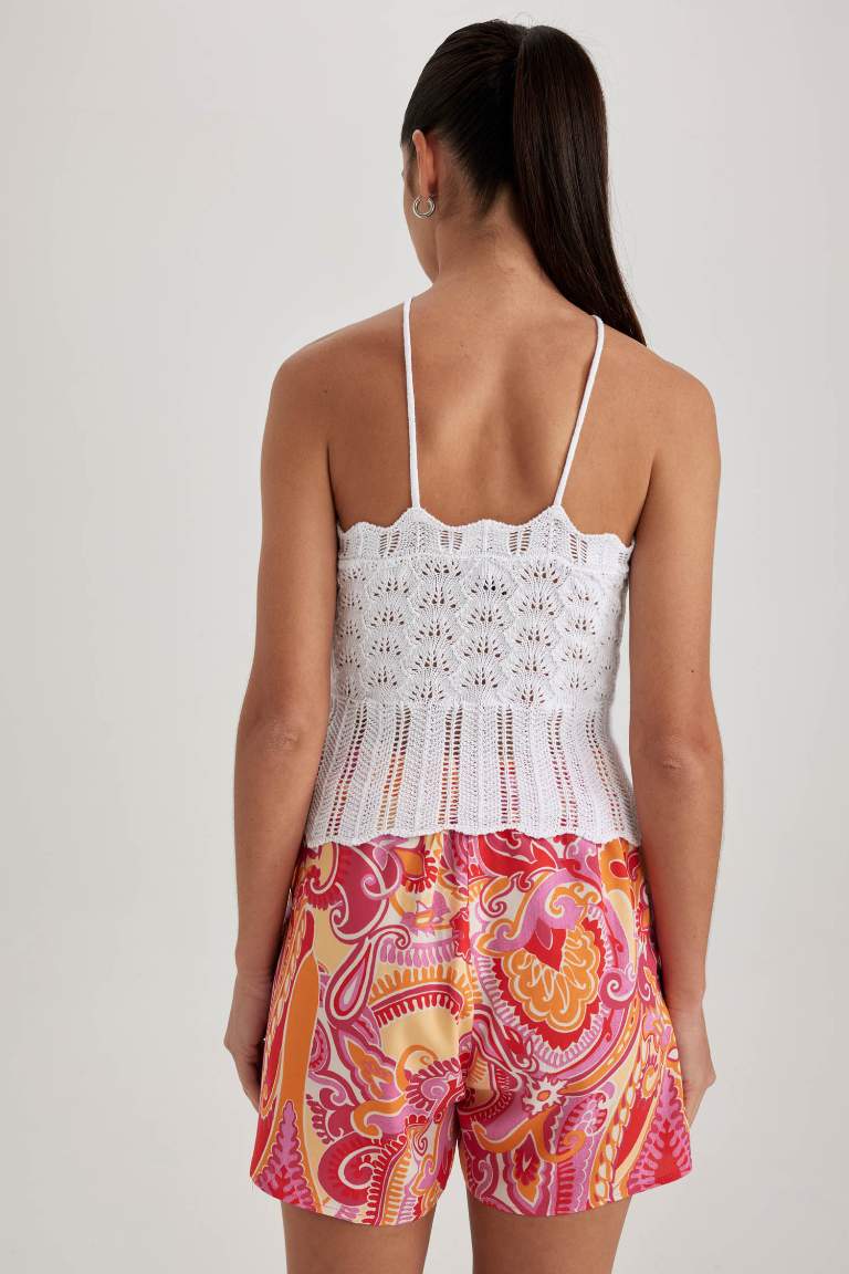 Fitted Halter Yaka Kroşe Beyaz Atlet