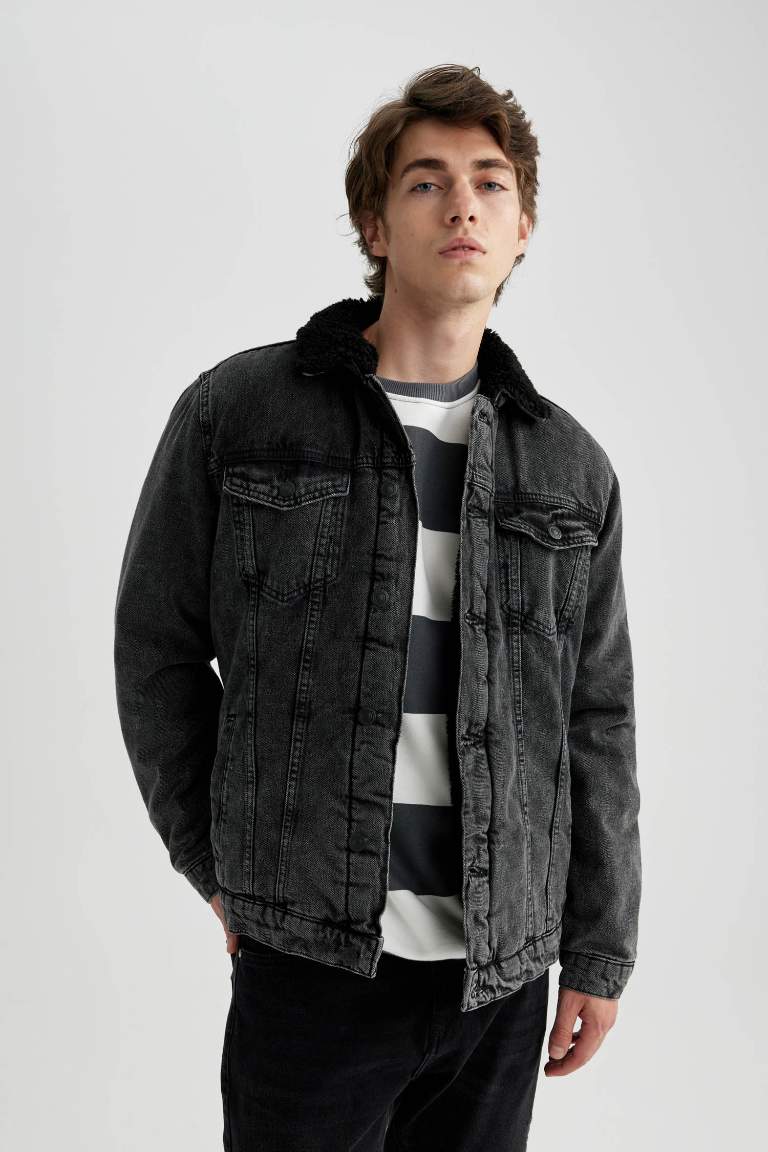 Black Man Slim Fit Faux Fur Collar Jean Jacket Defacto