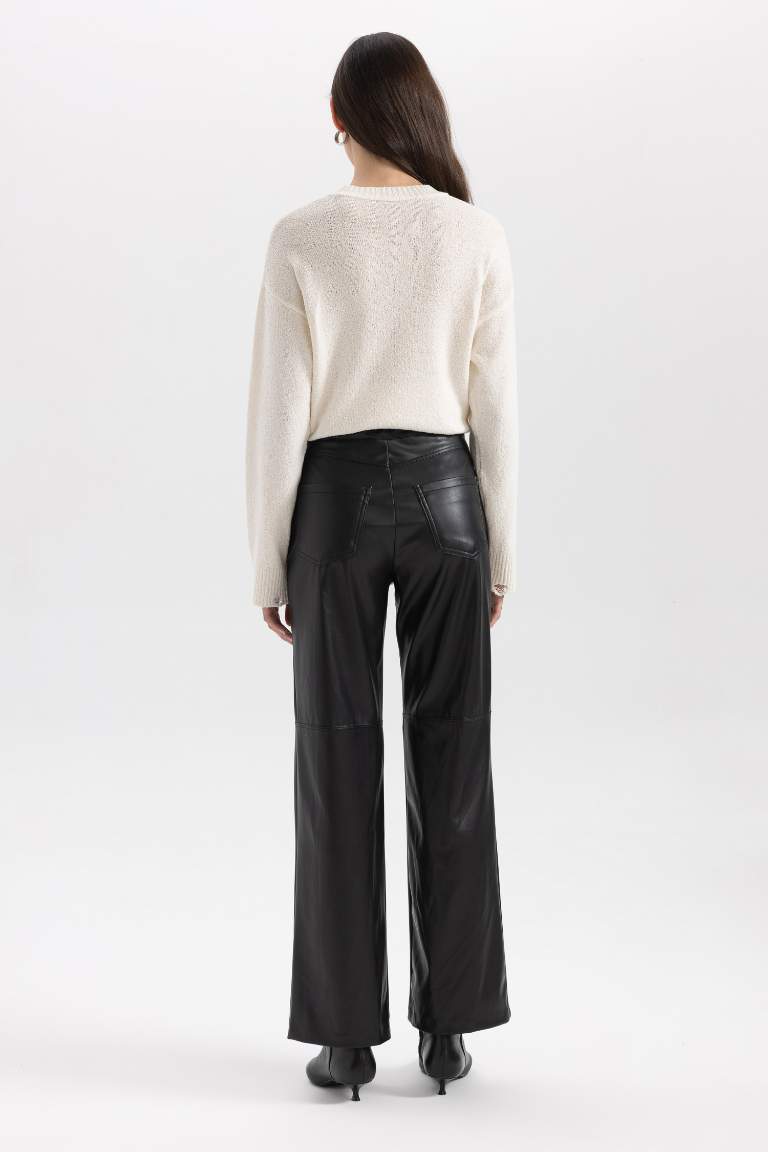 Black Woman Straight Fit Faux Leather Trousers Defacto