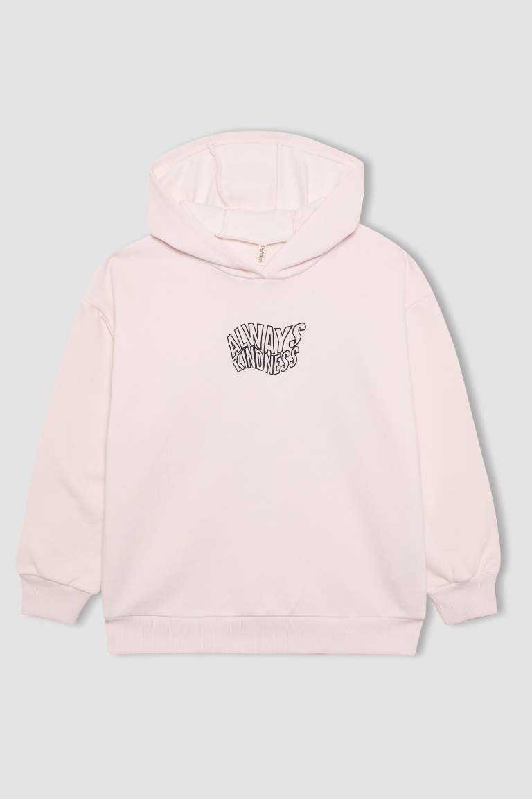 Kız Çocuk Oversize Fit Baskılı Kapüşonlu İçi Yumuşak Tüylü Kalın Sweatshirt