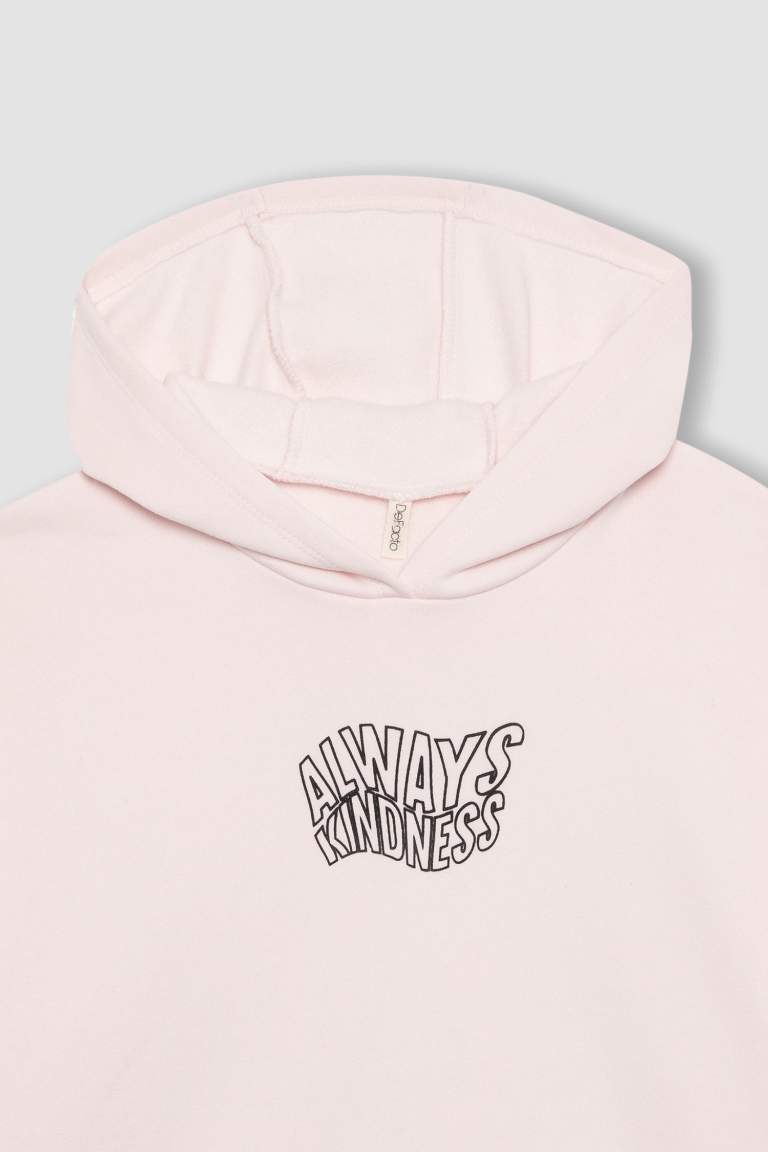 Kız Çocuk Oversize Fit Baskılı Kapüşonlu İçi Yumuşak Tüylü Kalın Sweatshirt