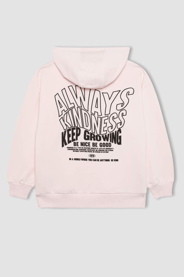 Kız Çocuk Oversize Fit Baskılı Kapüşonlu İçi Yumuşak Tüylü Kalın Sweatshirt