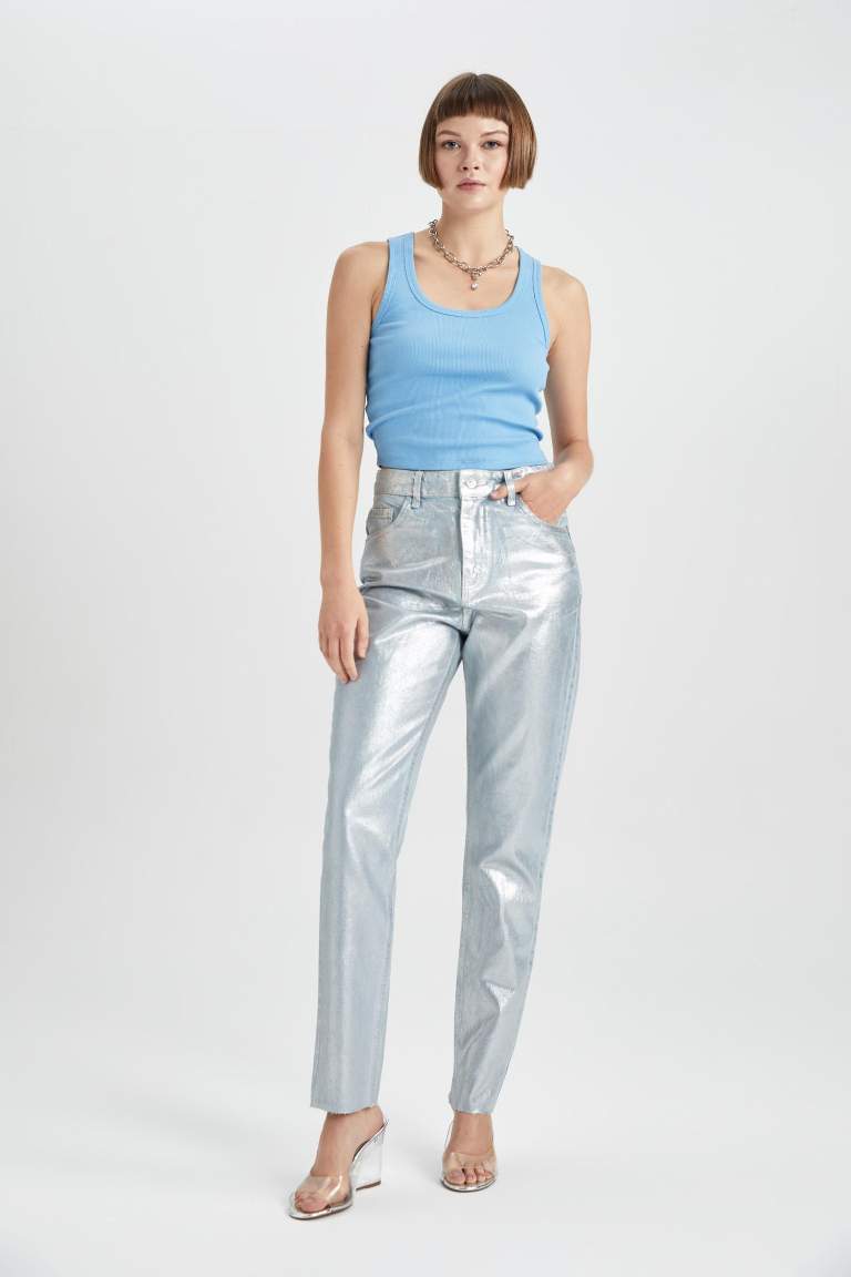 Straight Fit Normal Kalıp Normal Bel Boru Paça Bilek Boy Metalik Jean Pantolon