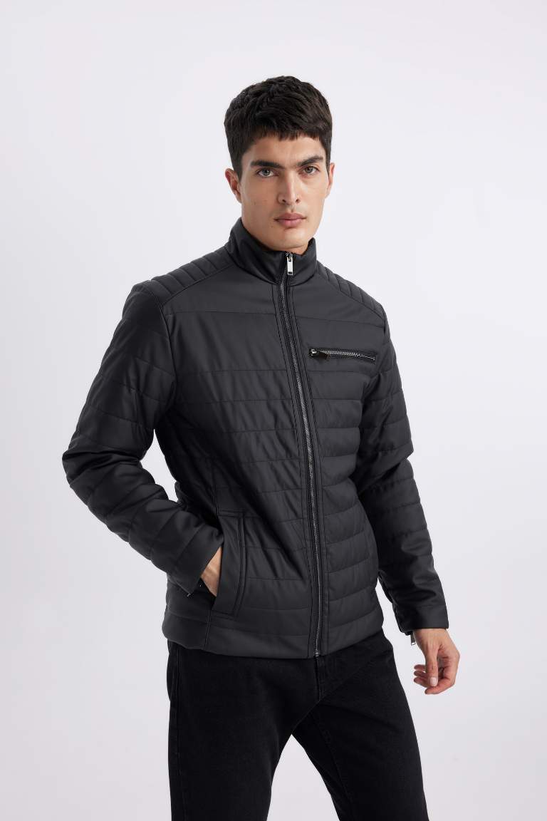 Su İtici Slim Fit Dik Yaka Suni Deri Mont