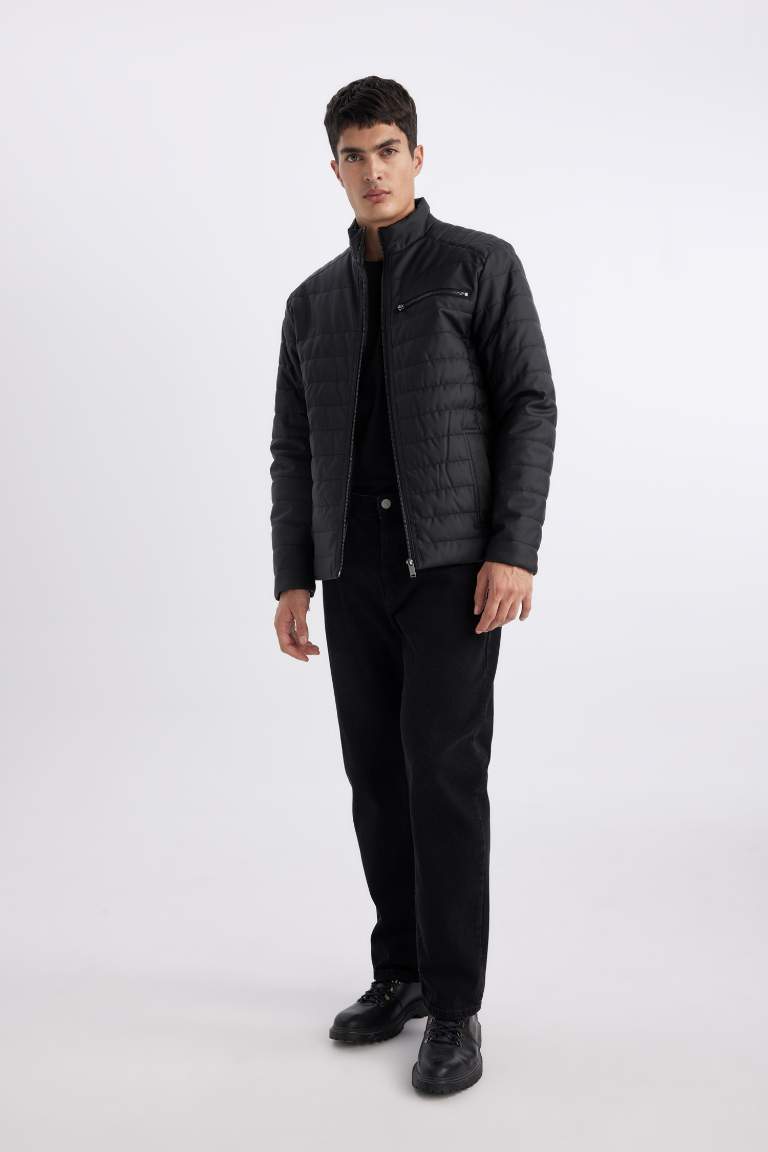 Su İtici Slim Fit Dik Yaka Suni Deri Mont