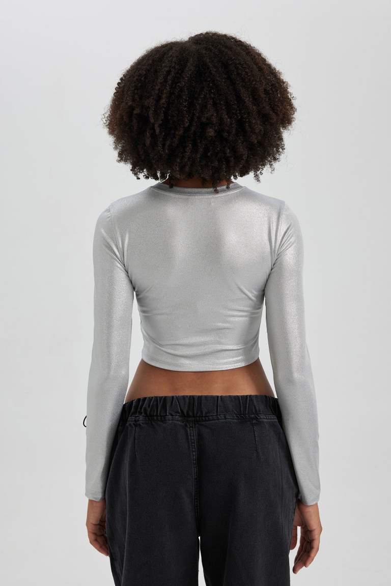 Fitted Crop Uzun Kollu Parlak Tişört