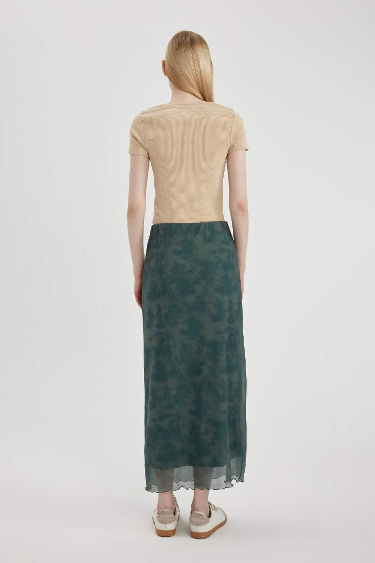 Khaki Woman Batik Patterned Tulle Maxi Skirt Defacto