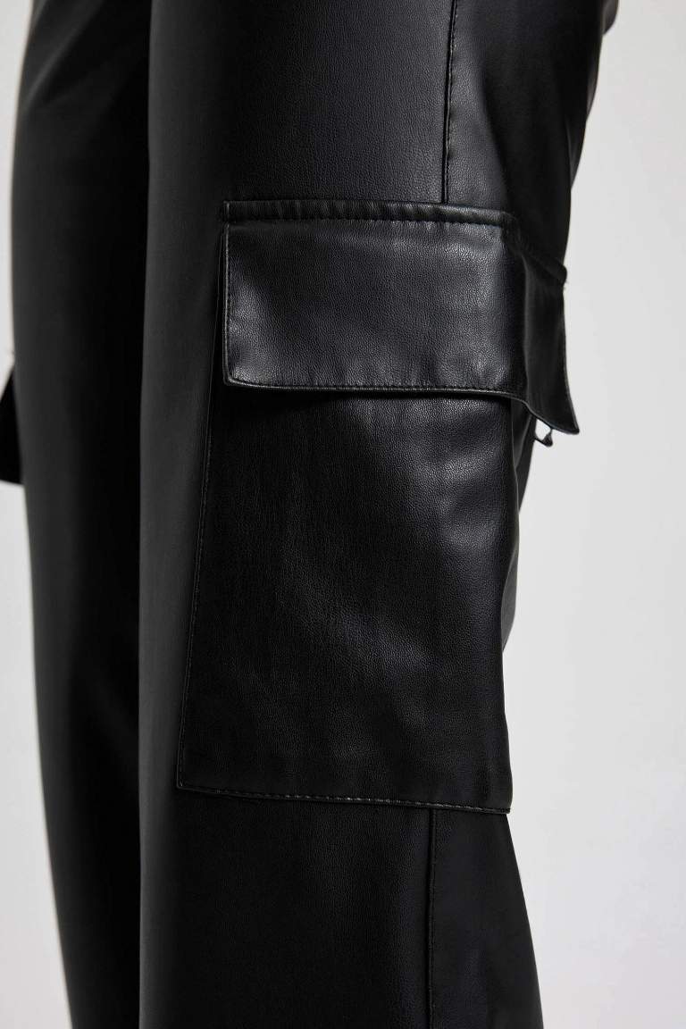 Black Woman Straight Fit Faux Leather Trousers Defacto