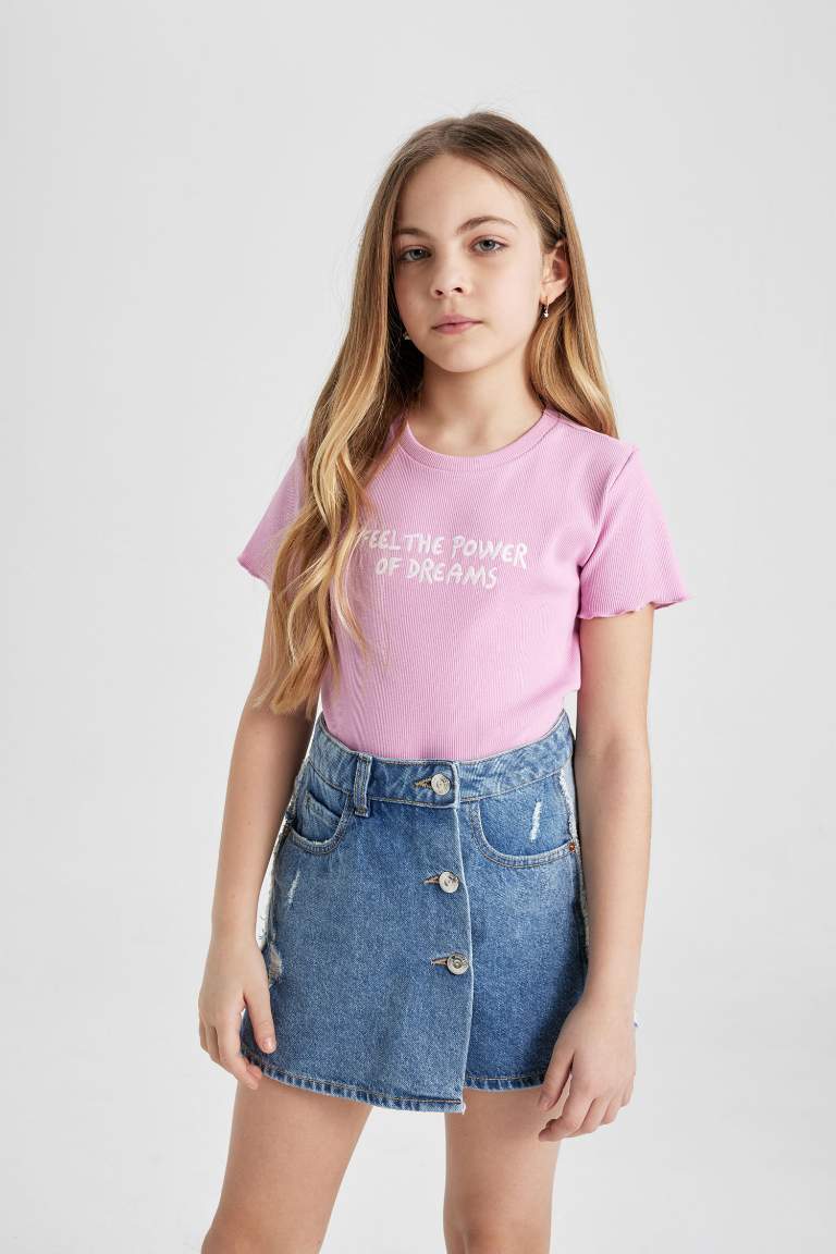 Kız Çocuk Slim Fit Baskılı Fitilli Kaşkorse Kısa Kollu Tişört