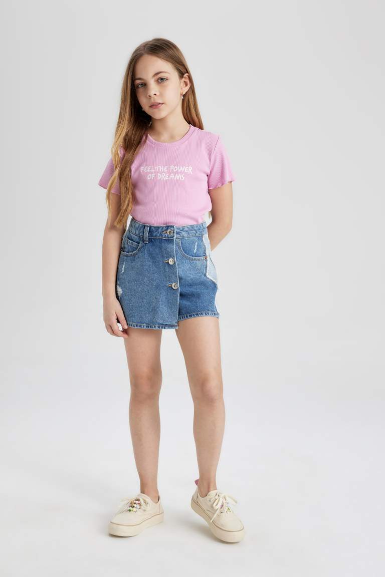 Kız Çocuk Slim Fit Baskılı Fitilli Kaşkorse Kısa Kollu Tişört