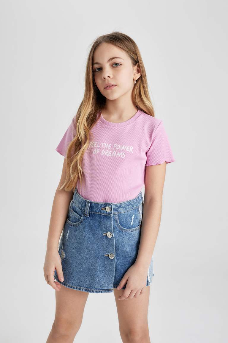 Kız Çocuk Slim Fit Baskılı Fitilli Kaşkorse Kısa Kollu Tişört