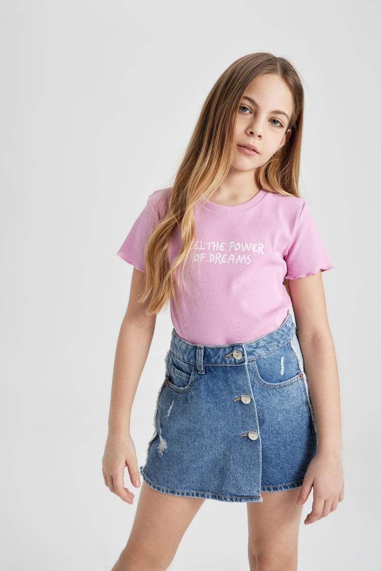 Kız Çocuk Slim Fit Baskılı Fitilli Kaşkorse Kısa Kollu Tişört