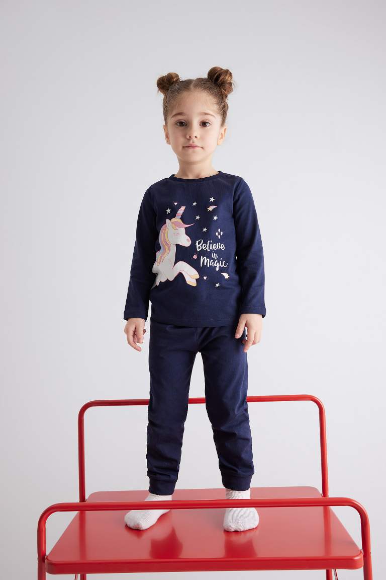 Kız Bebek Unicorn Baskılı Karanlıkta Parlayan Uzun Kollu Penye Pijama Takımı