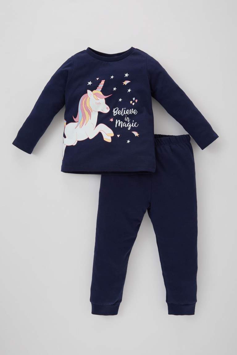 Kız Bebek Unicorn Baskılı Karanlıkta Parlayan Uzun Kollu Penye Pijama Takımı