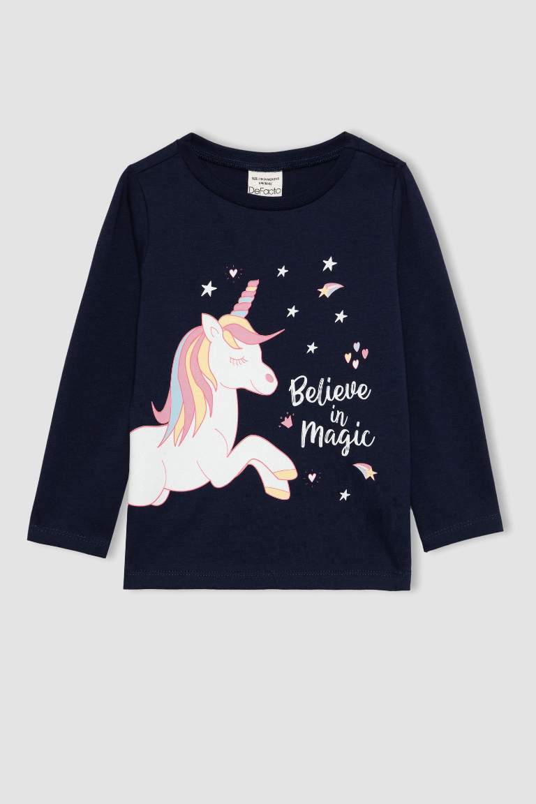 Kız Bebek Unicorn Baskılı Karanlıkta Parlayan Uzun Kollu Penye Pijama Takımı