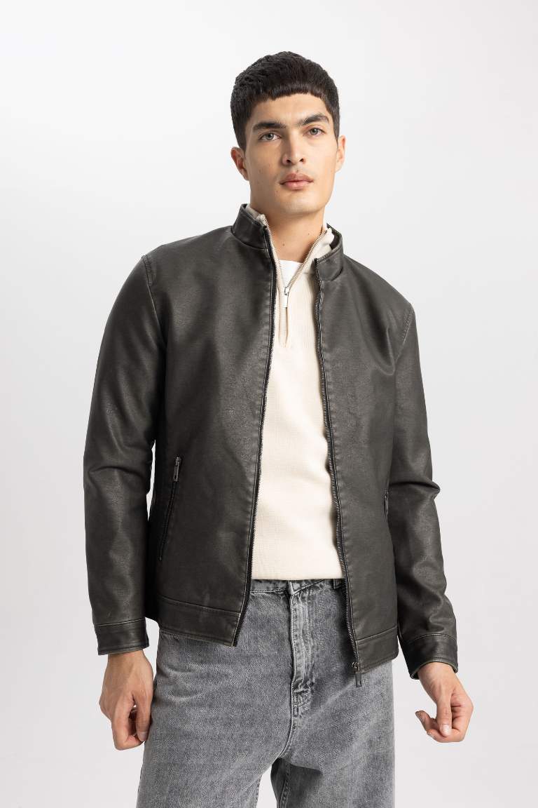 Black Man Slim Fit Faux Leather Faux Leather Jacket Defacto