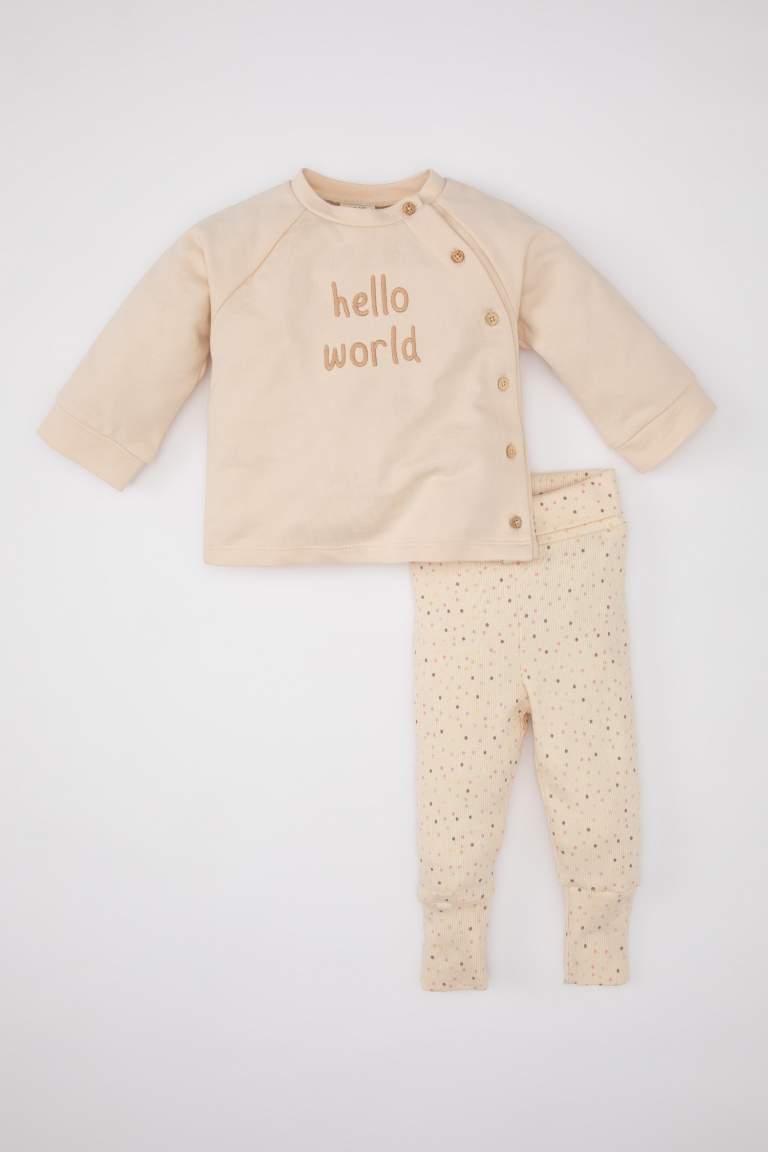 Kız Bebek Düğme Detaylı Baskılı Sweatshirt Tayt 2'li Takım
