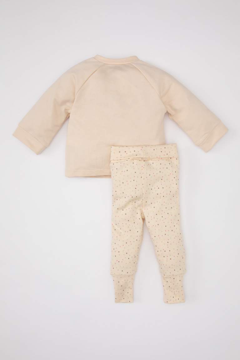 Kız Bebek Düğme Detaylı Baskılı Sweatshirt Tayt 2'li Takım