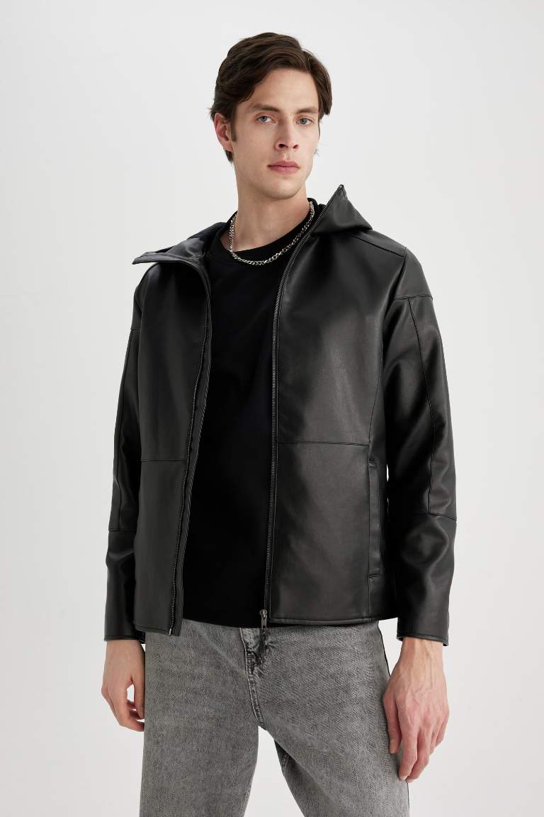 Black Man Slim Fit Faux Leather Jacket Defacto