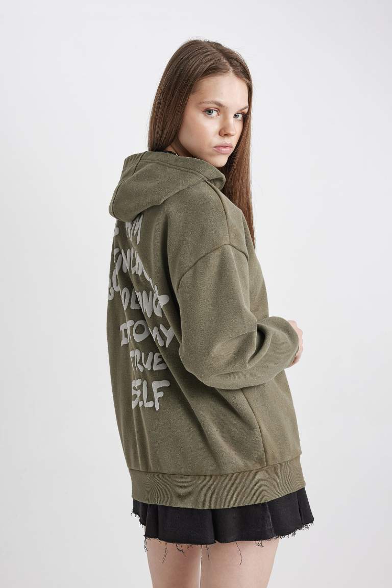Coool Oversize Fit Sırt Baskılı Kapüşonlu Yıkamalı Soluk Efektli Sweatshirt