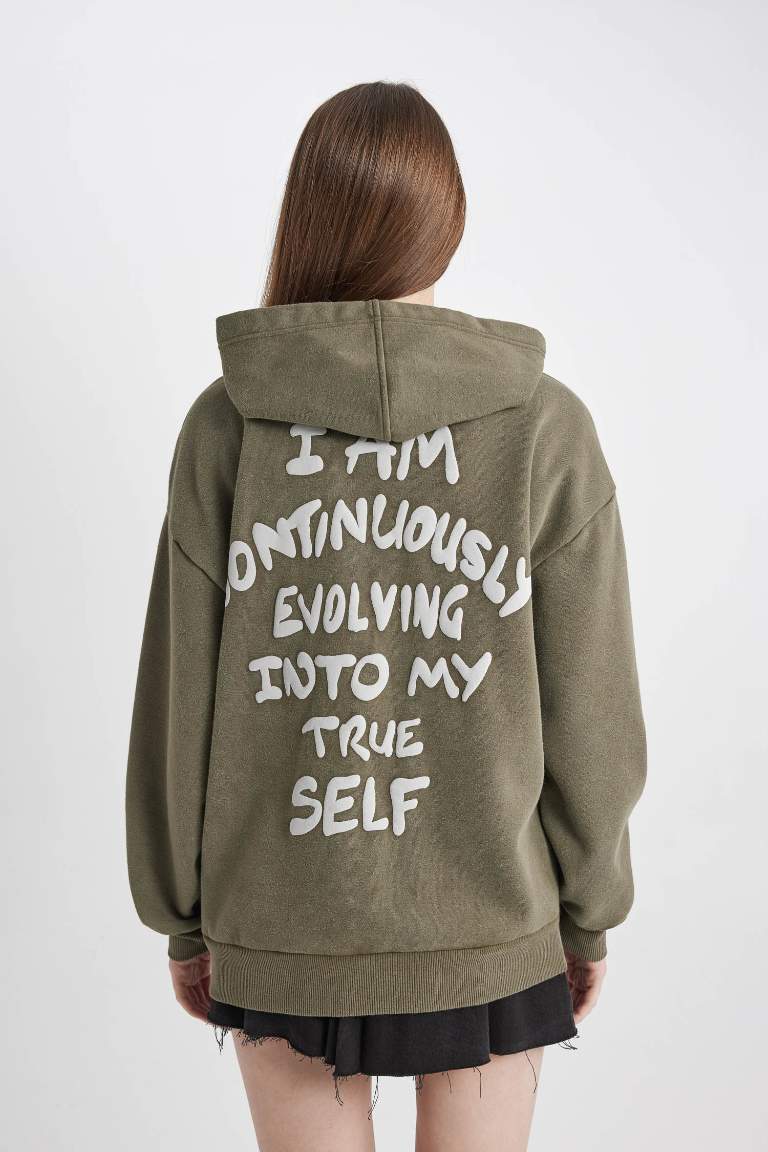Coool Oversize Fit Sırt Baskılı Kapüşonlu Yıkamalı Soluk Efektli Sweatshirt