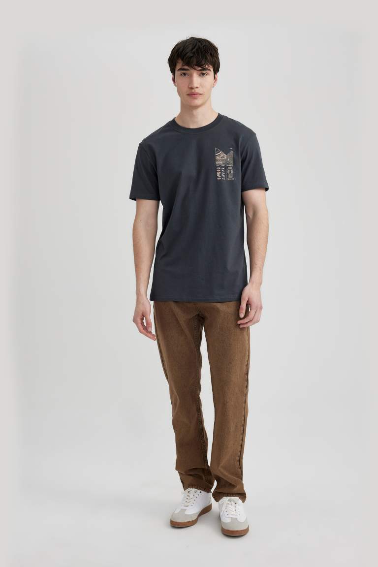 Slim Fit Bisiklet Yaka Baskılı Kısa Kollu Tişört