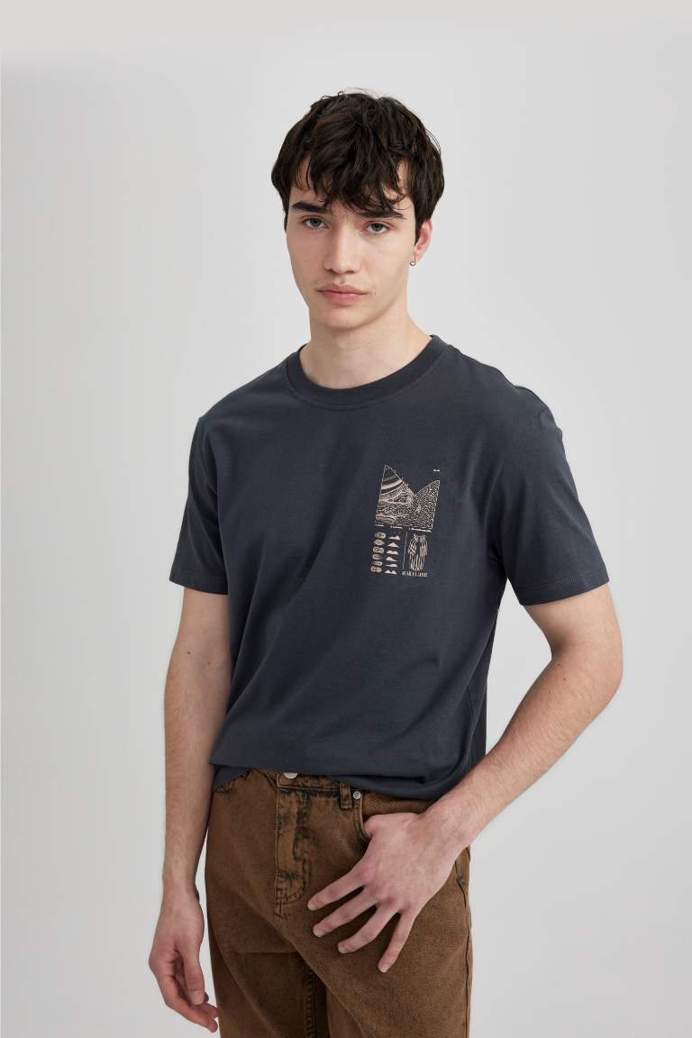 Slim Fit Bisiklet Yaka Baskılı Kısa Kollu Tişört
