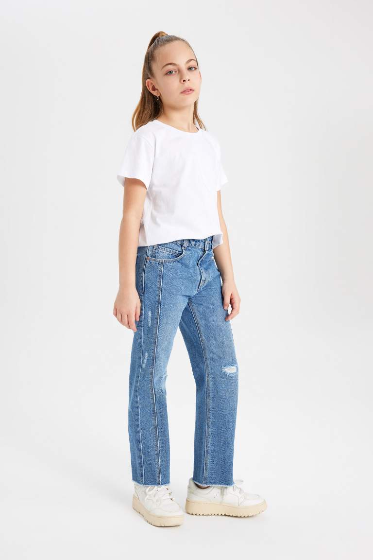 Bleu Fonc Filles Pantalon Jean Large Jambes Larges Pour Fille