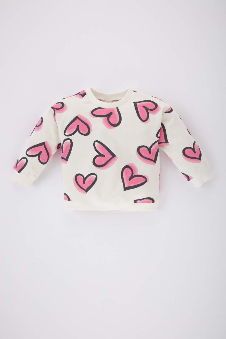 Kız Bebek Bisiklet Yaka Kalp Desenli Sweatshirt