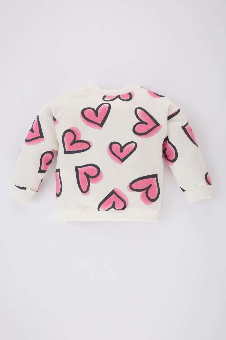 Kız Bebek Bisiklet Yaka Kalp Desenli Sweatshirt