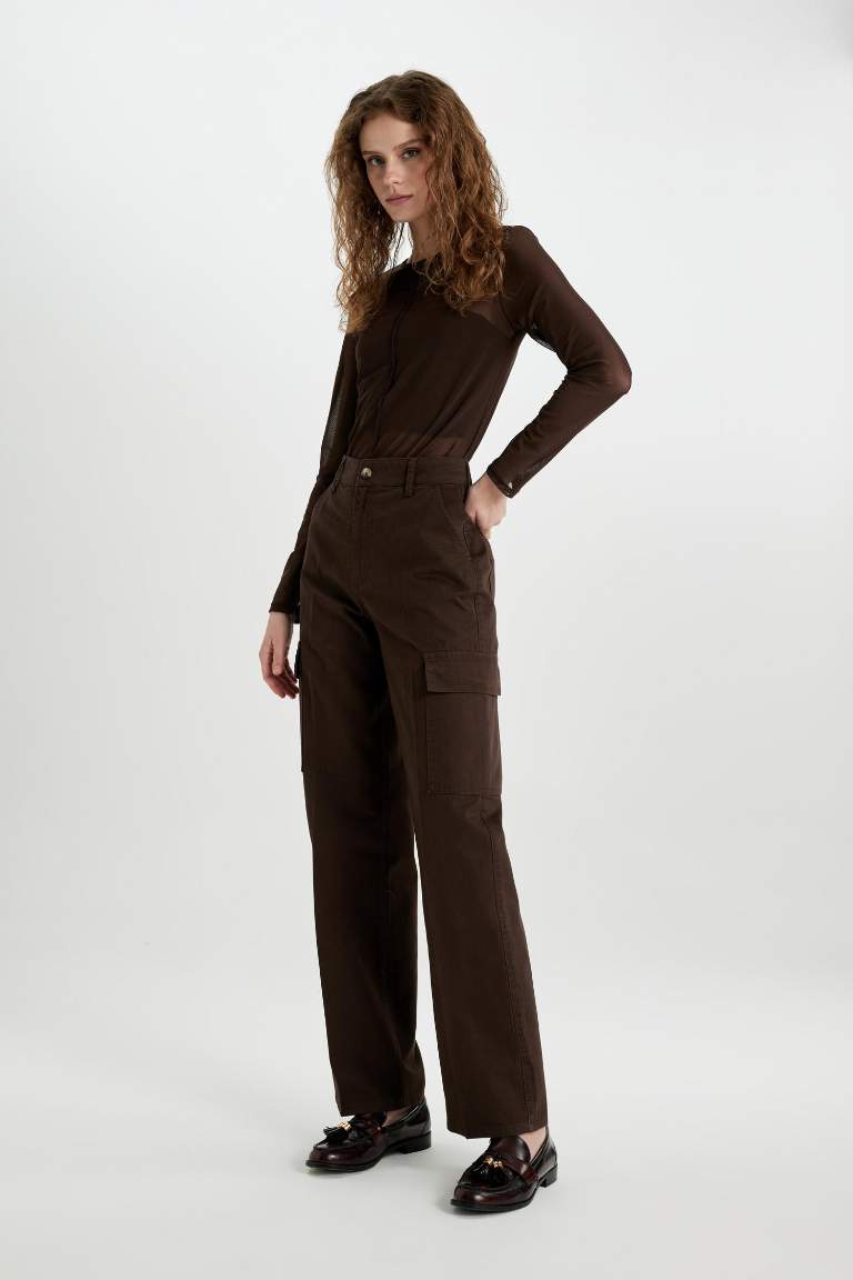 Marron Femme Pantalon Cargo En Gabardine Taille Haute Et Jambes