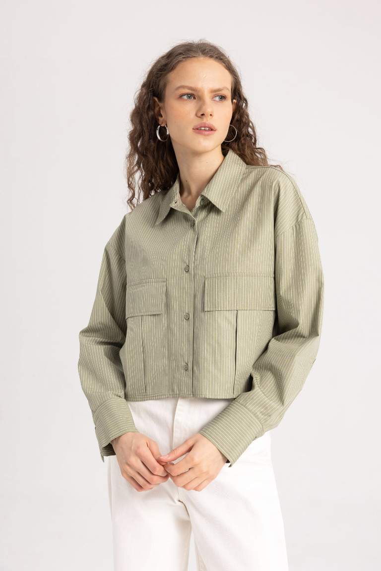 Khaki WOMAN Regular Fit Basic Poplin Long Sleeve Shirt 3077615 DeFacto