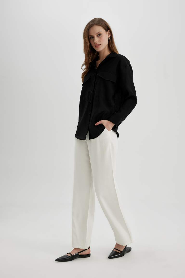 Oversize Fit Cep Detaylı Krinkıl Kumaş Uzun Kollu Gömlek