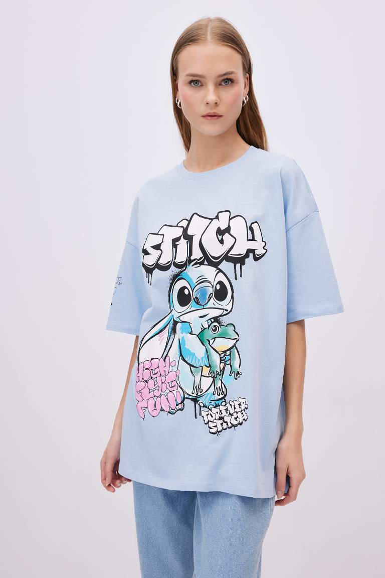 Mavi Kadın Coool Disney Lilo Stitch Oversize Fit Bisiklet Yaka