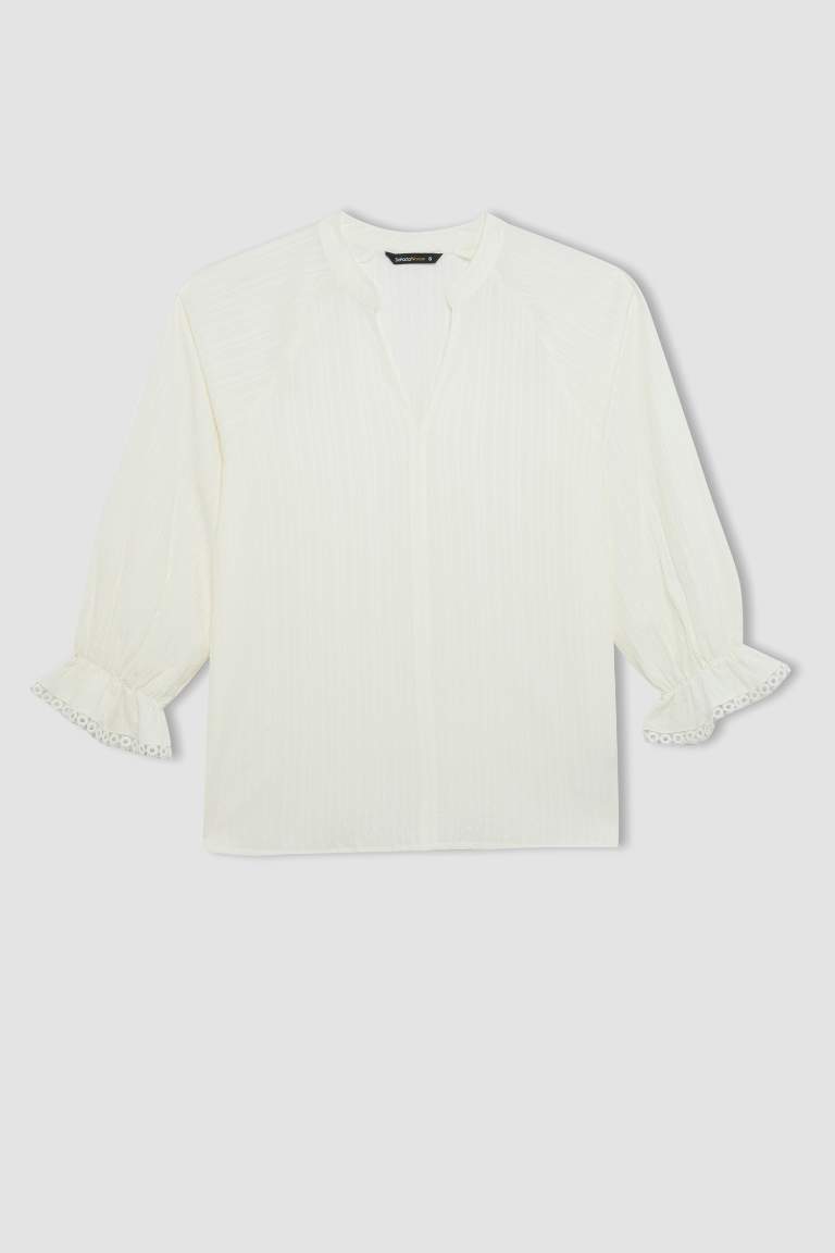 Oversize Fit V Yaka Krinkıl Kumaş Uzun Kollu Bluz