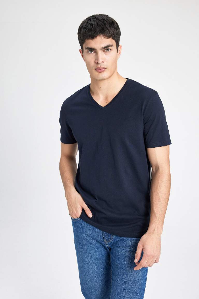 Slim Fit V Yaka Basic Kısa Kollu Tişört