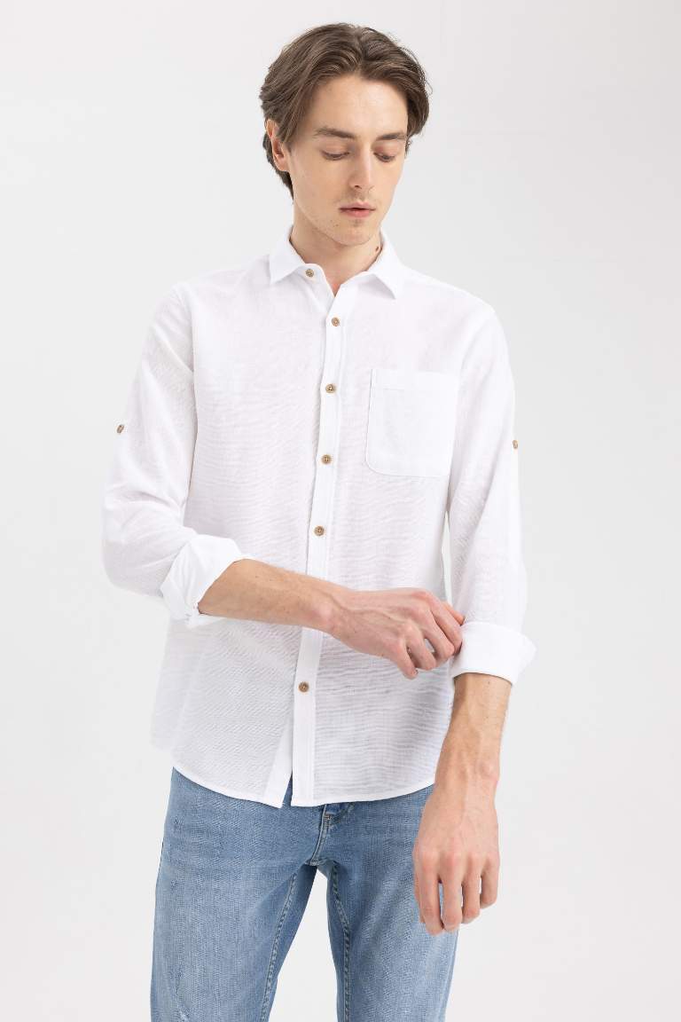 White Men Slim Fit Long Sleeve Shirt Defacto