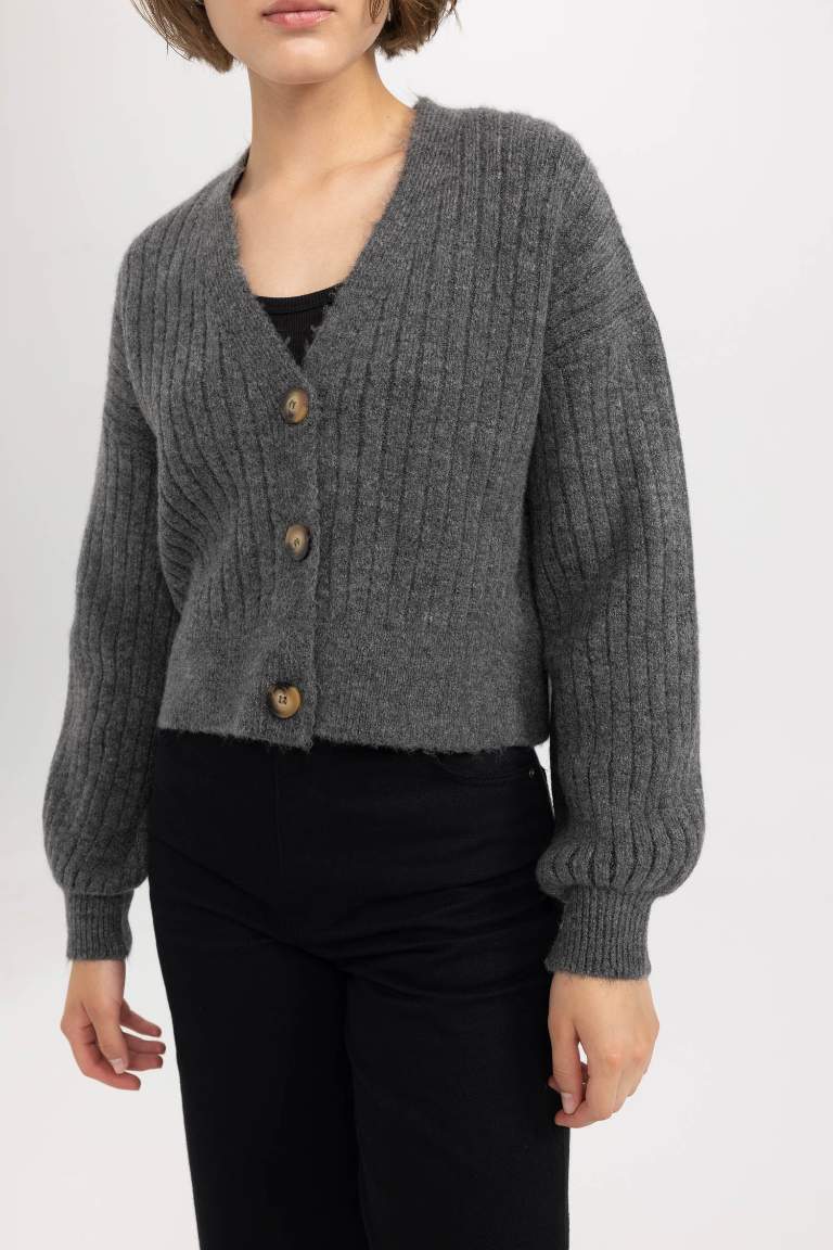 Anthracite Woman Regular Fit V Neck Knitwear Cardigan Defacto