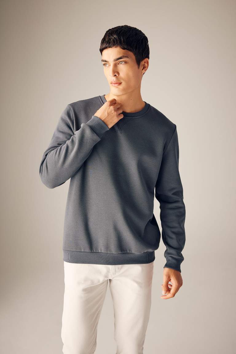 Regular Fit Bisiklet Yaka Basic Pamuklu Sweatshirt