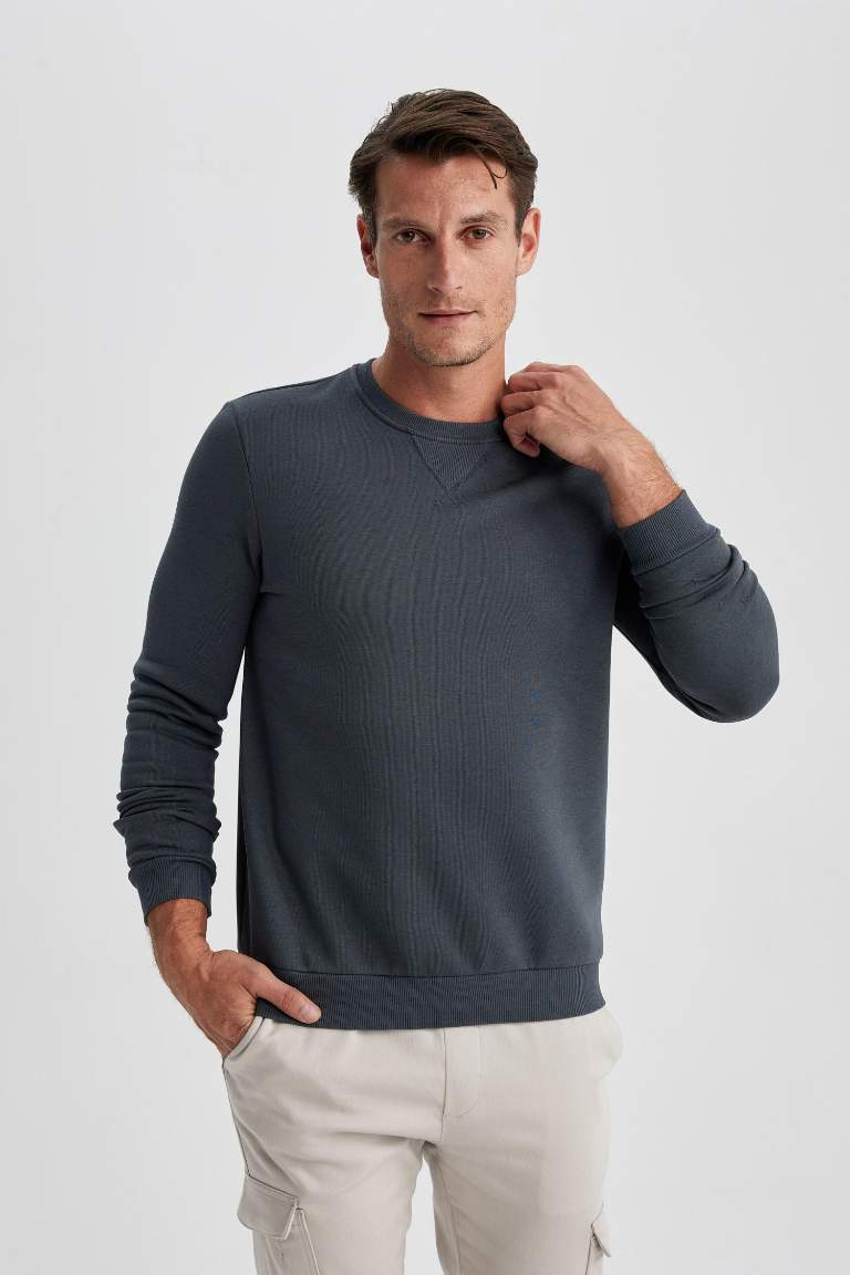 Regular Fit Bisiklet Yaka Basic Pamuklu Sweatshirt