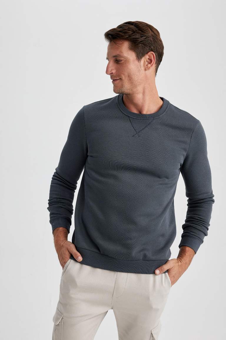 Regular Fit Bisiklet Yaka Basic Pamuklu Sweatshirt