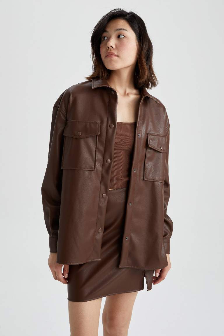 Oversize Fit Suni Deri Uzun Kollu Gömlek