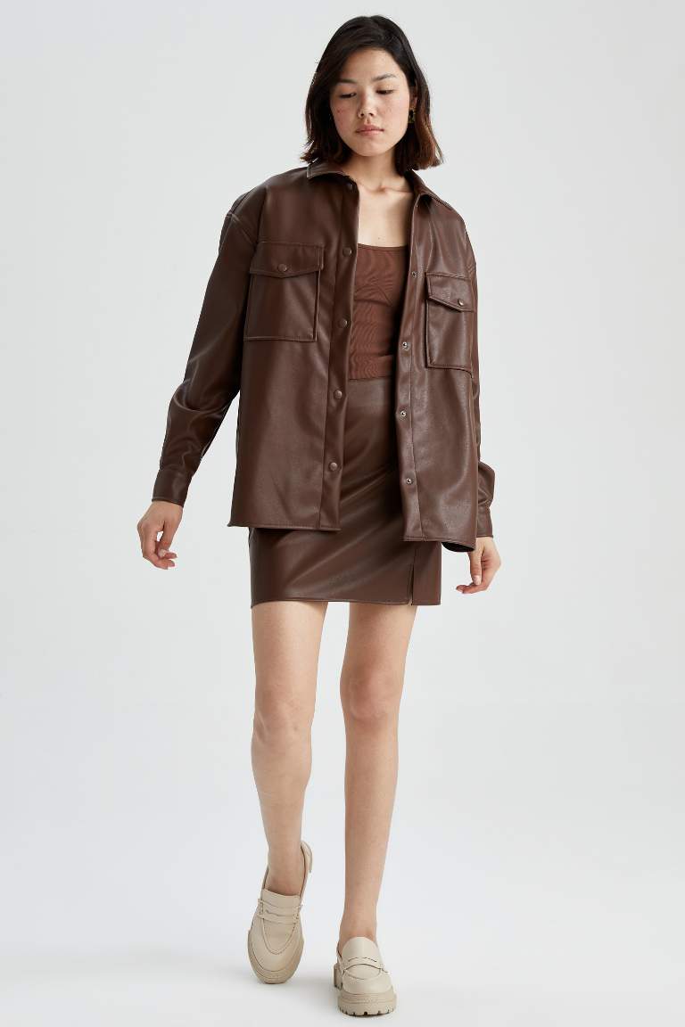 Oversize Fit Suni Deri Uzun Kollu Gömlek