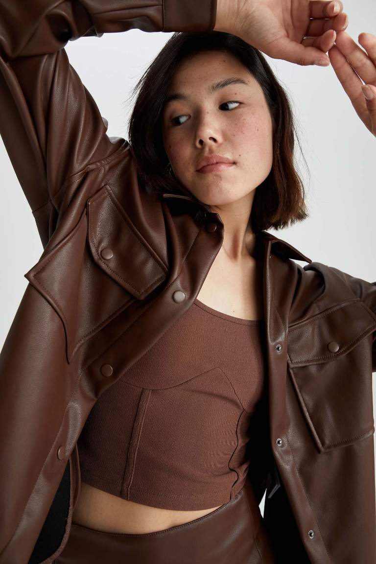 Oversize Fit Suni Deri Uzun Kollu Gömlek