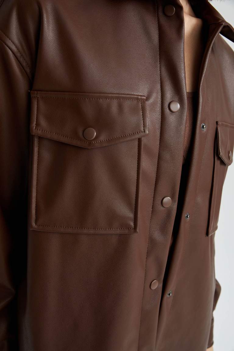 Oversize Fit Suni Deri Uzun Kollu Gömlek