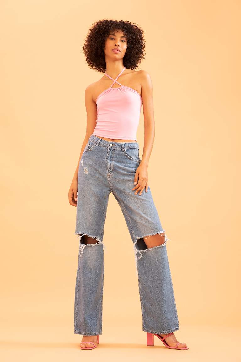 Slim Fit Straplez Yaka Boyundan Bağlamalı Atlet