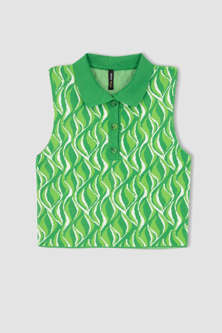 Fitted Desenli Polo Yaka Örgü Triko Atlet