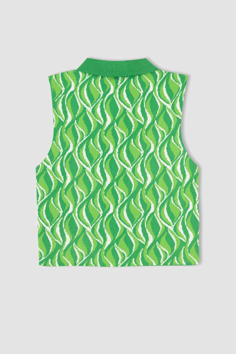 Fitted Desenli Polo Yaka Örgü Triko Atlet